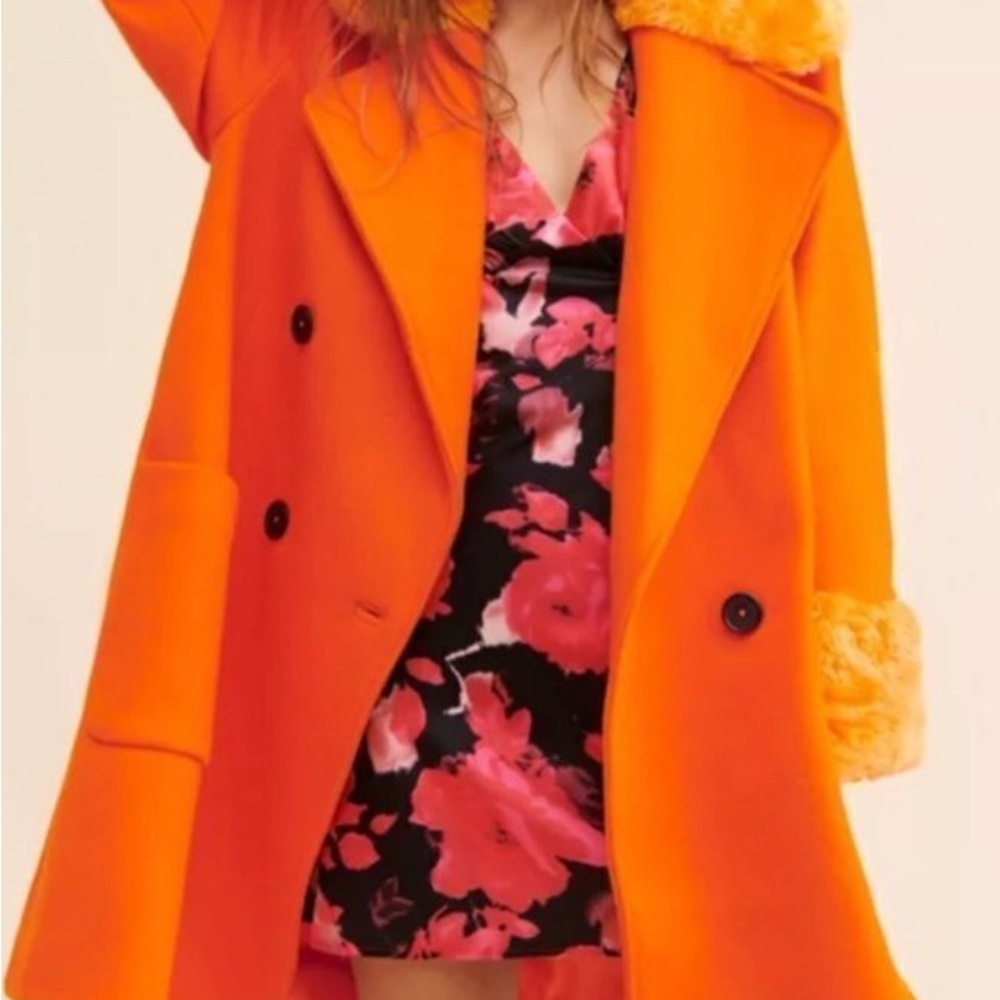 NWT Free People Roxy Wool Coat Fur Collar Trim Lined Oversized Orange Small